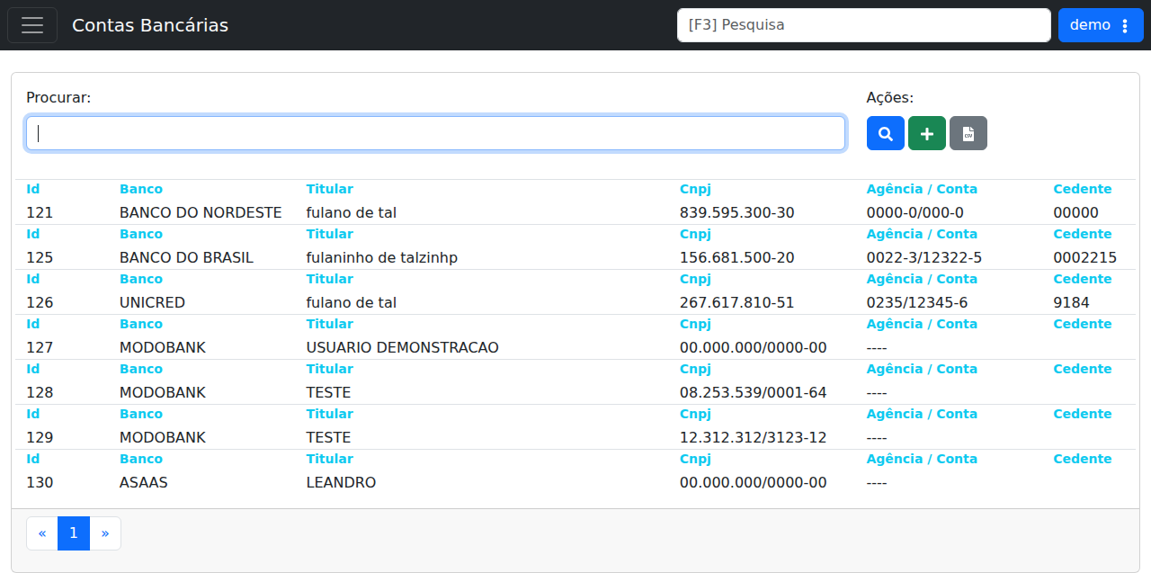 Listagem de contas bancárias