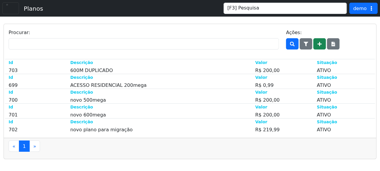 Listagem de planos